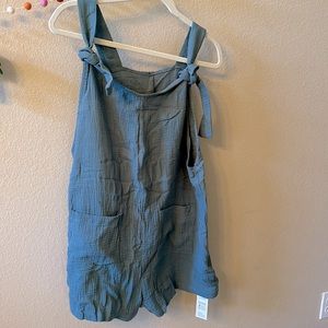 Patch Pocket Pinafore Romper. 100% cotton. Great over a bathing suit.